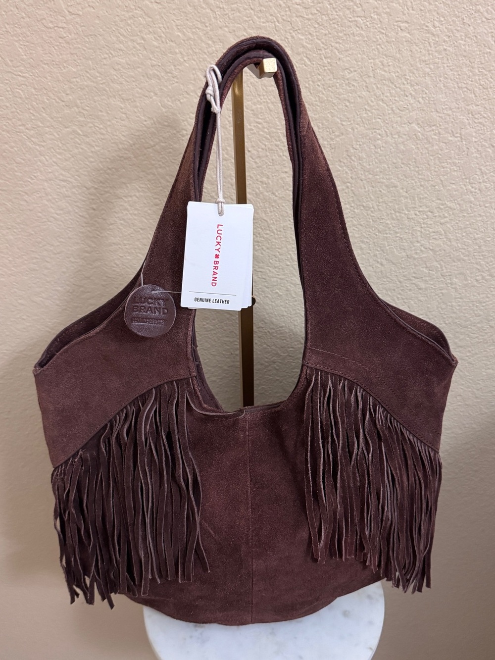 Women LUCKY BRAND boho chic western Nyra Fringe Brownie Genuine Suede hobo Tote